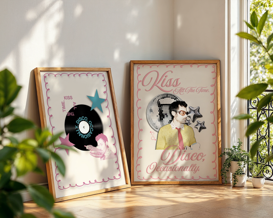 Set of 2 Retro Style Kiss All The Time. Disco, Occasionally Prints